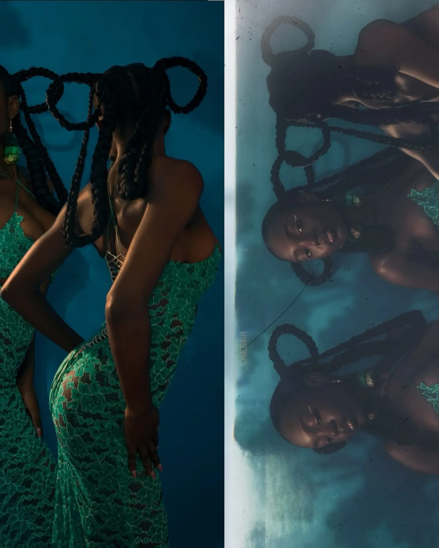 Diptych: mirrored back views of Uyi in green lace, paired with a hazy film negative of her looped braids.