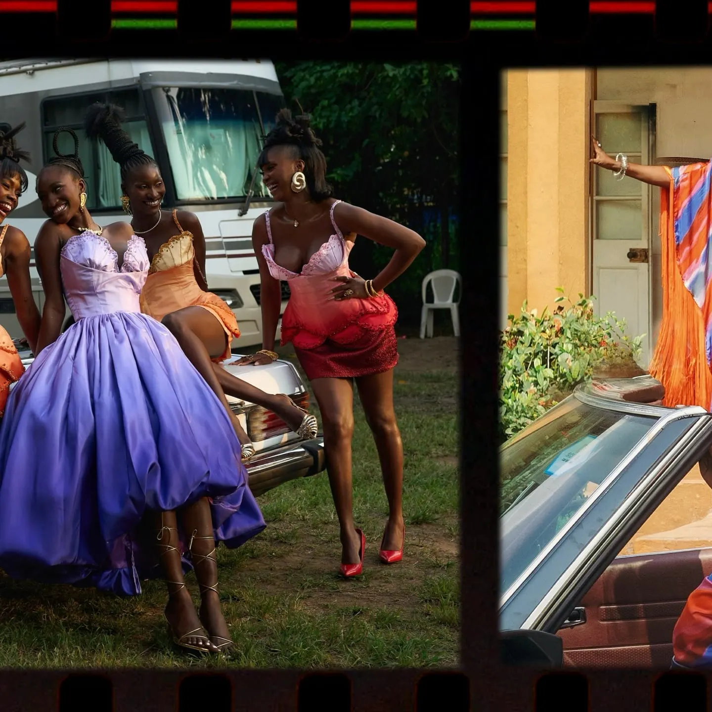 Models in lilac, peach and pink corseted dresses laugh together on a vintage Mercedes trunk beside a tour bus.