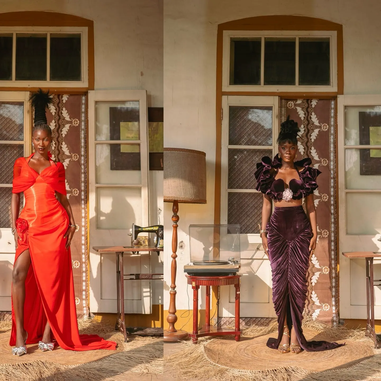 Diptych: one model in a draped red high-slit gown, another in ruffled plum velvet, on a golden-lit veranda.