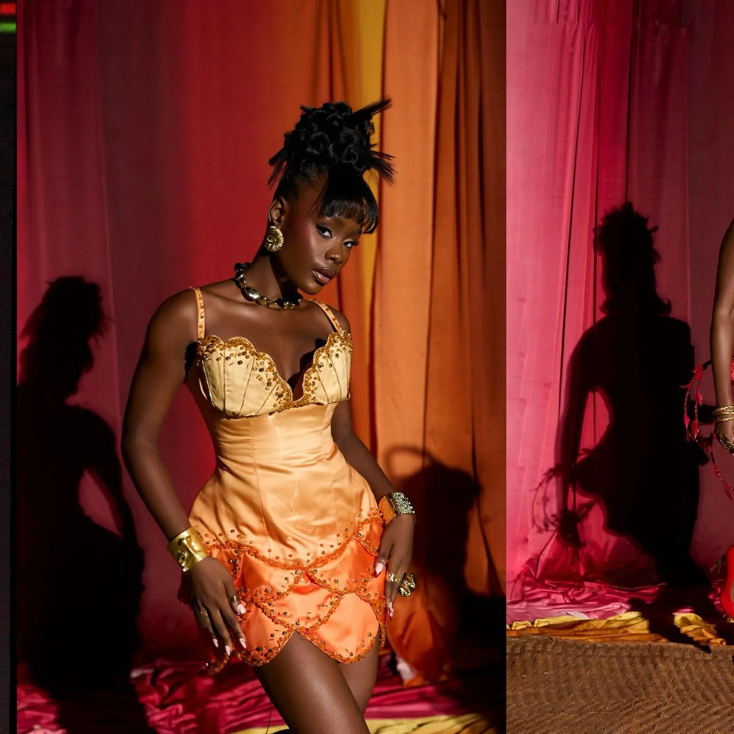 Model with a sculpted updo in a beaded orange scalloped minidress poses before a sunset-toned curtain.