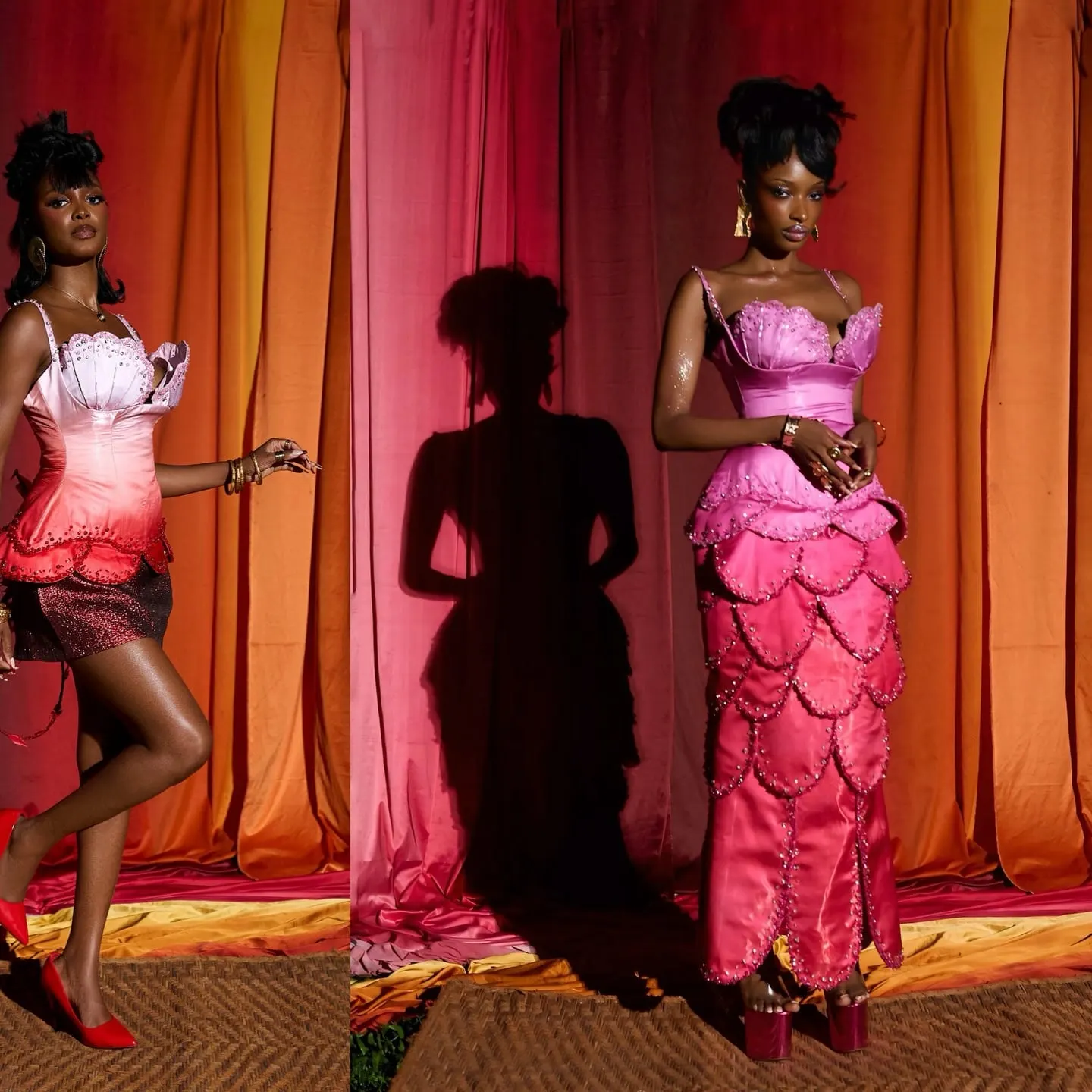 Diptych of models in ombre pink shell-bodice dresses, one mini and one scalloped gown, against red-orange drapes.
