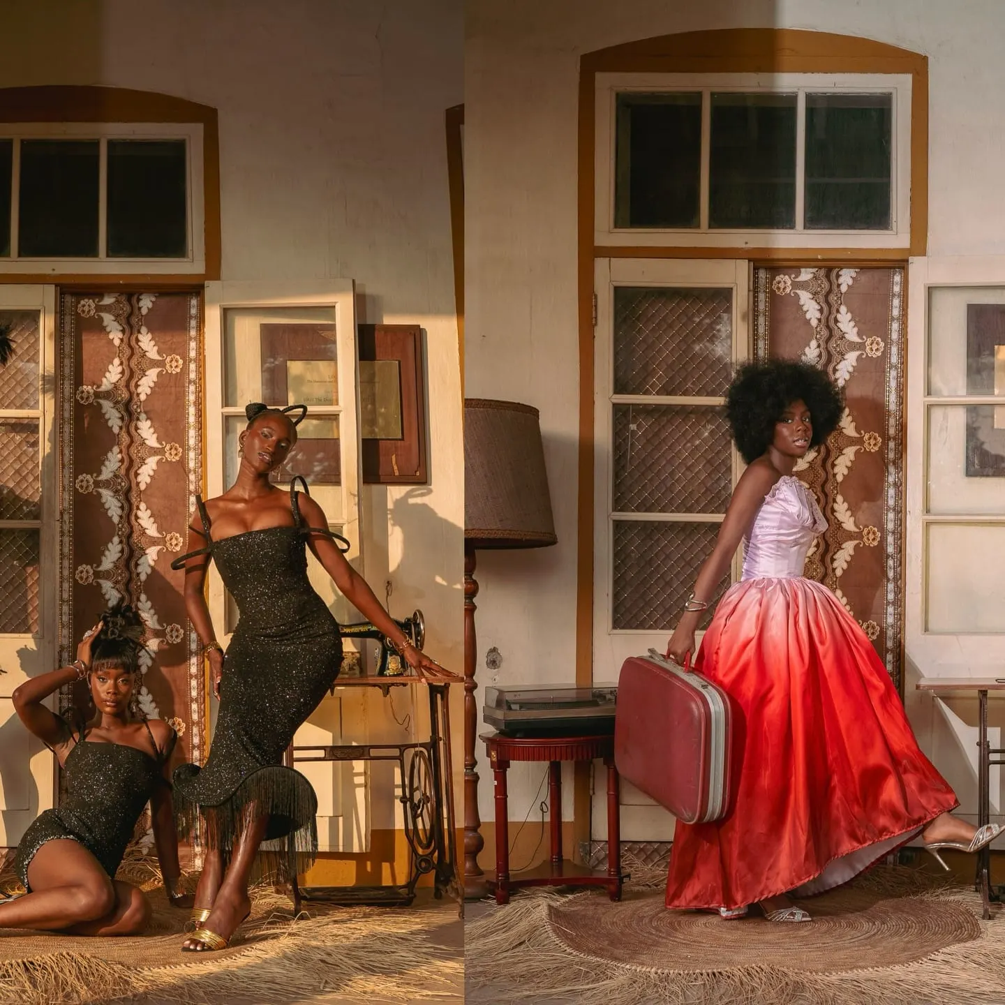 Diptych: two models in sparkling black dresses by a sewing machine; an afro-crowned model carries a red suitcase.