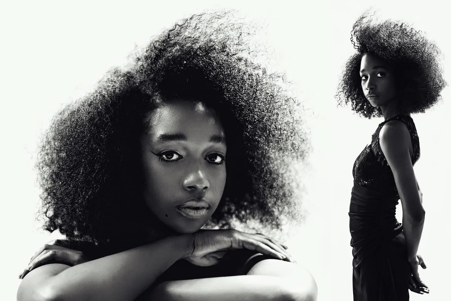 Black-and-white portrait study from the Mood Swings sitting — sculptural afro silhouettes against white.