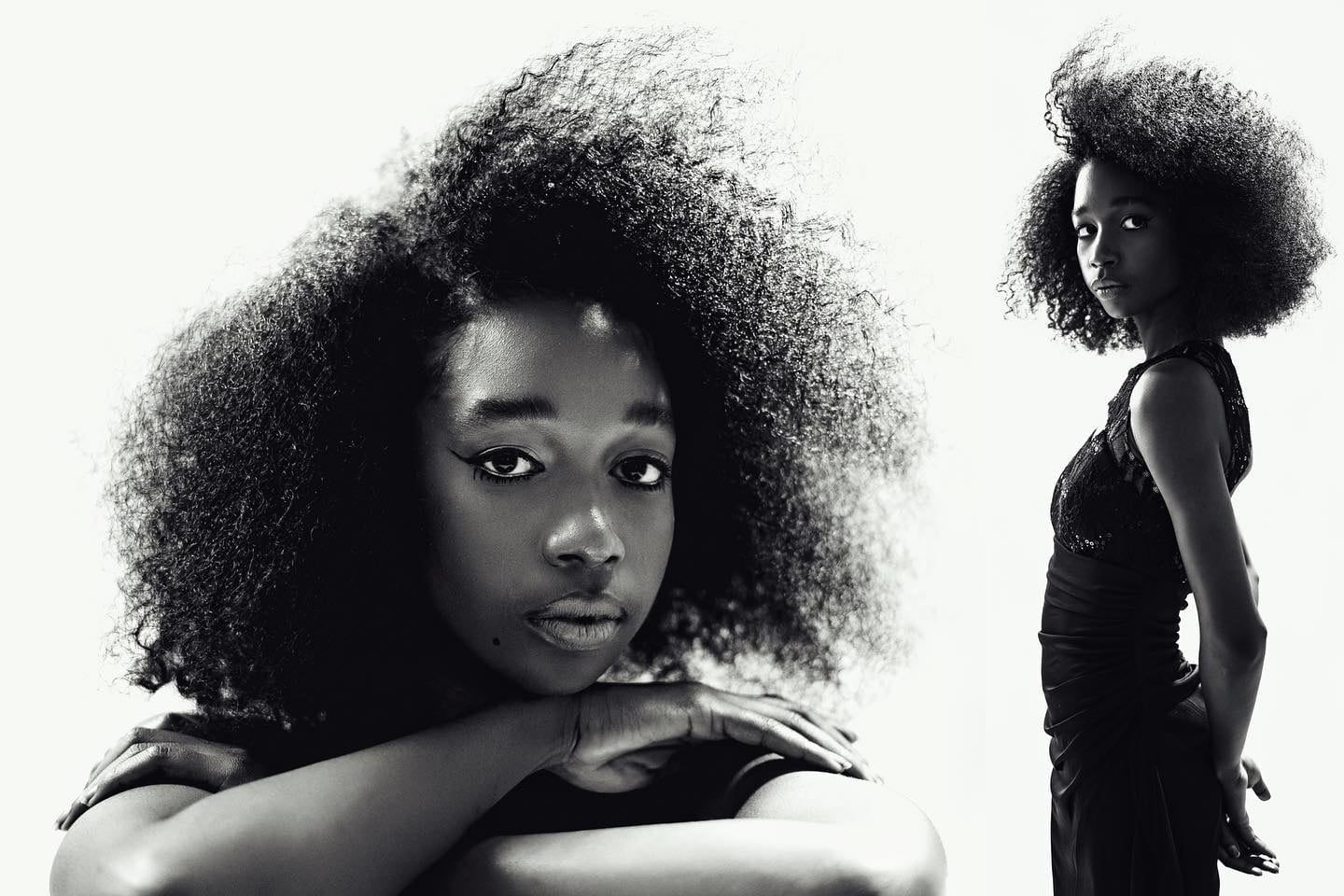 Black-and-white double portrait with sculptural afro silhouettes, from the Mood Swings sitting.