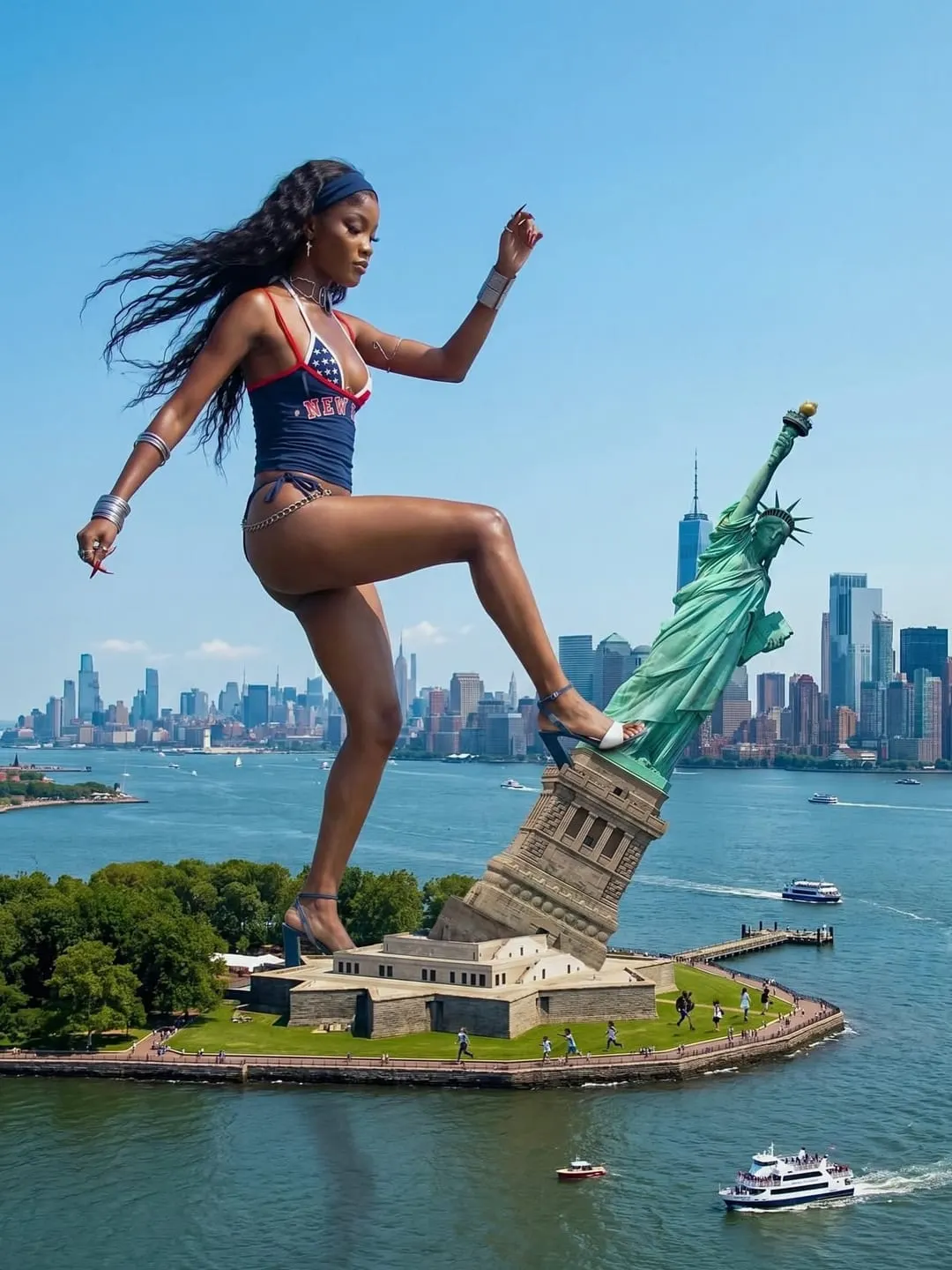 Composite: a model in a stars-and-stripes New York two-piece steps across the Statue of Liberty's island, the Manhattan skyline across the water.