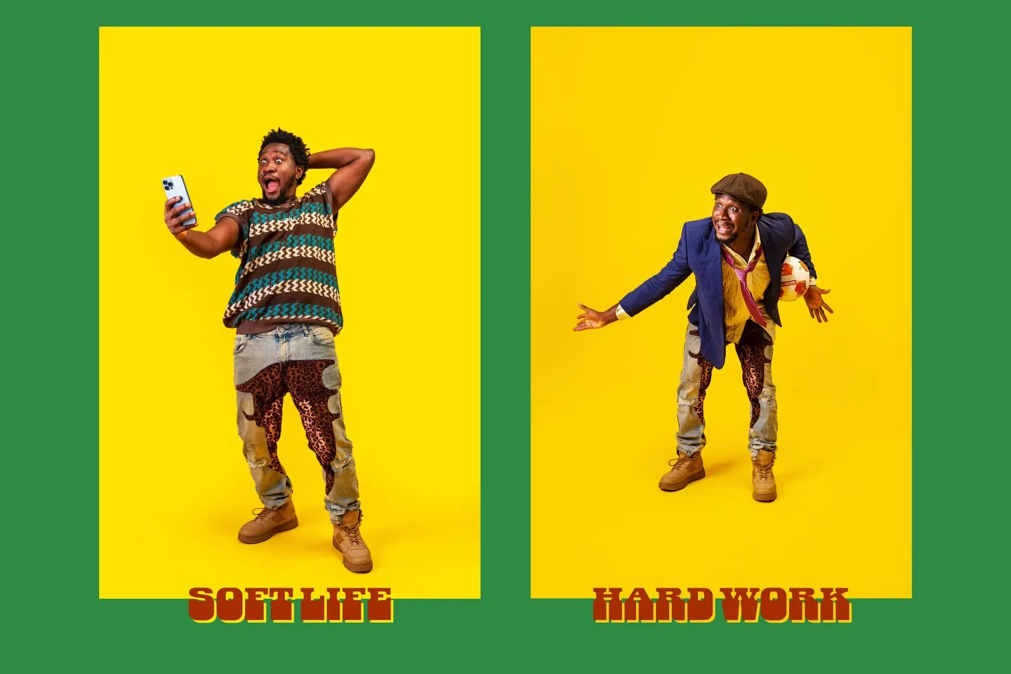 Soft Life / Hard Work diptych — Nasboi gasping at his phone in a crochet vest on yellow, then bowing wide-armed in a navy blazer and flat cap.