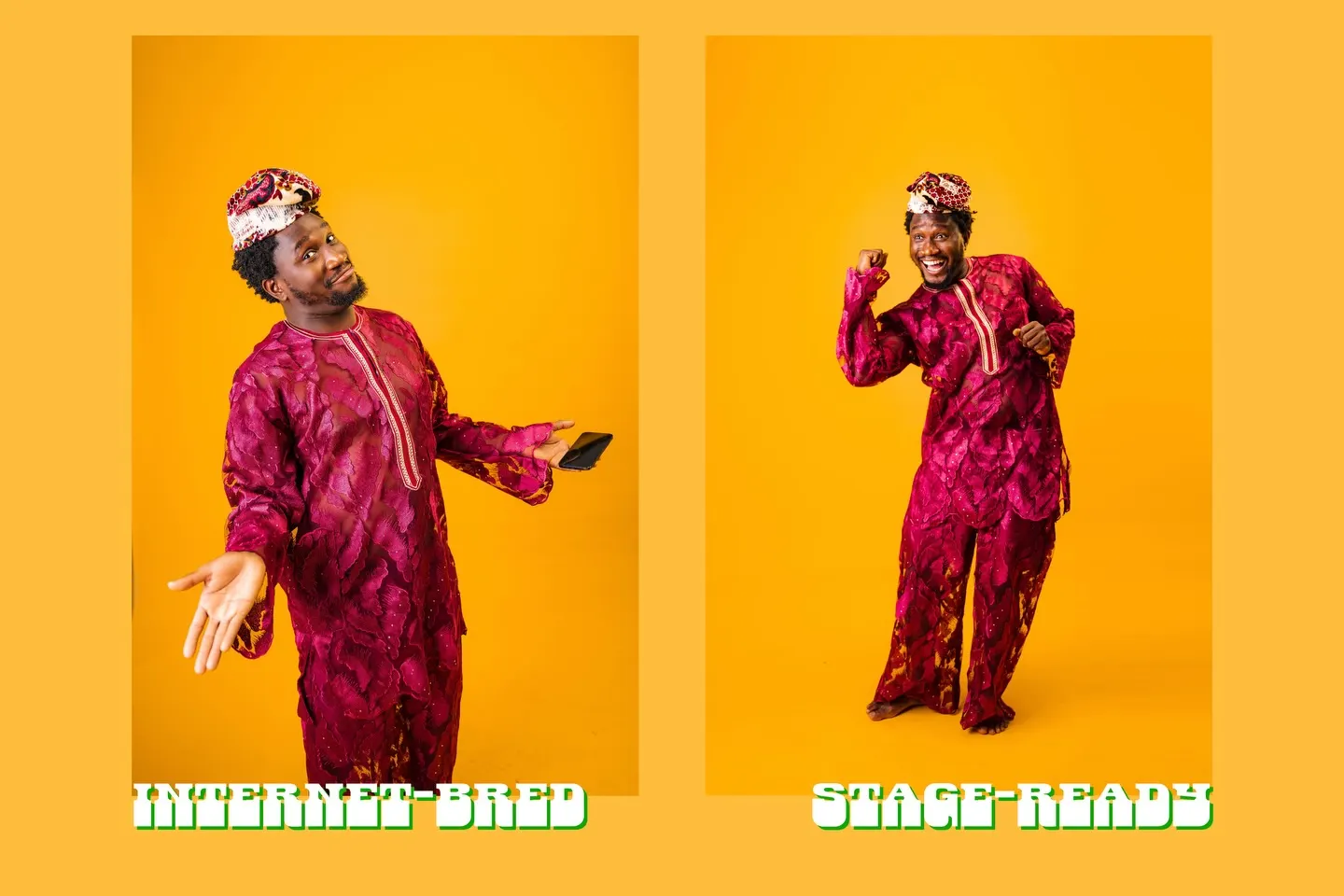 Internet-Bred / Stage-Ready diptych — Nasboi in a crimson lace agbada and sequined cap, shrugging with his phone, then mid-dance grin on amber.
