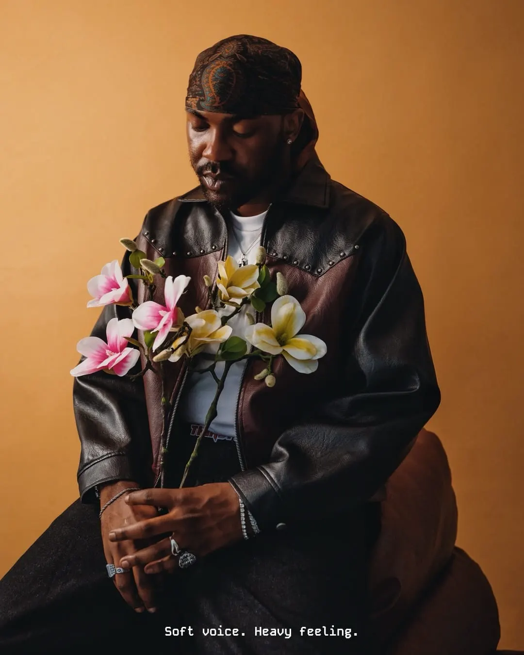 Bearded man in a leather jacket and paisley durag sits holding magnolia stems, eyes lowered, against an amber backdrop.