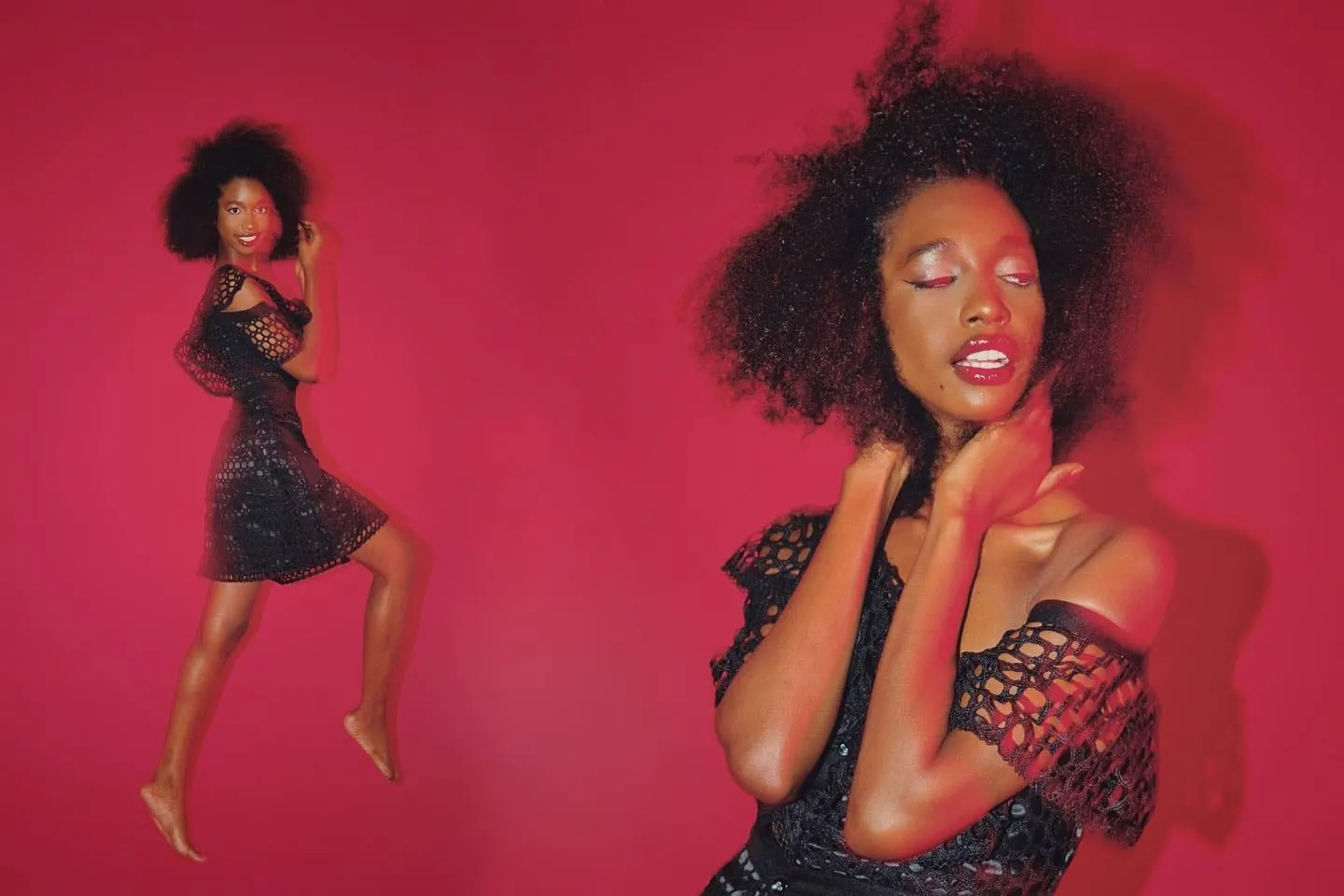 Diptych of a model with a full afro in a black mesh dress, leaping and posing against a crimson backdrop.