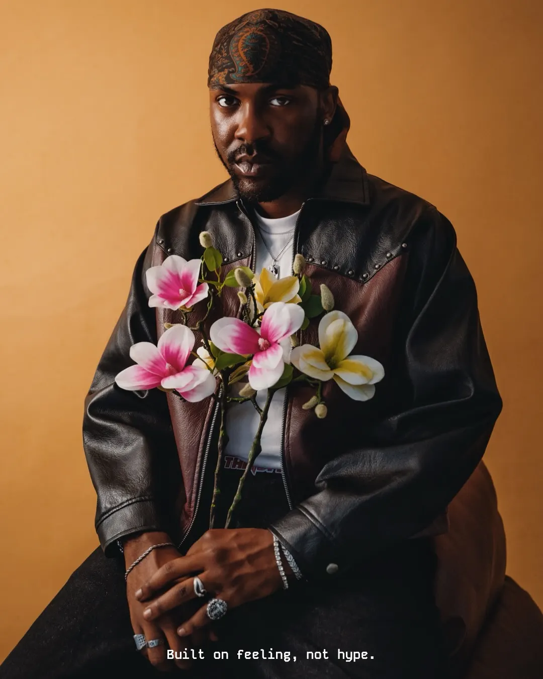 Musician in a paisley durag and studded oxblood-and-black leather jacket faces the camera, hands clasped over a sprig of pink and cream magnolias against an amber backdrop.